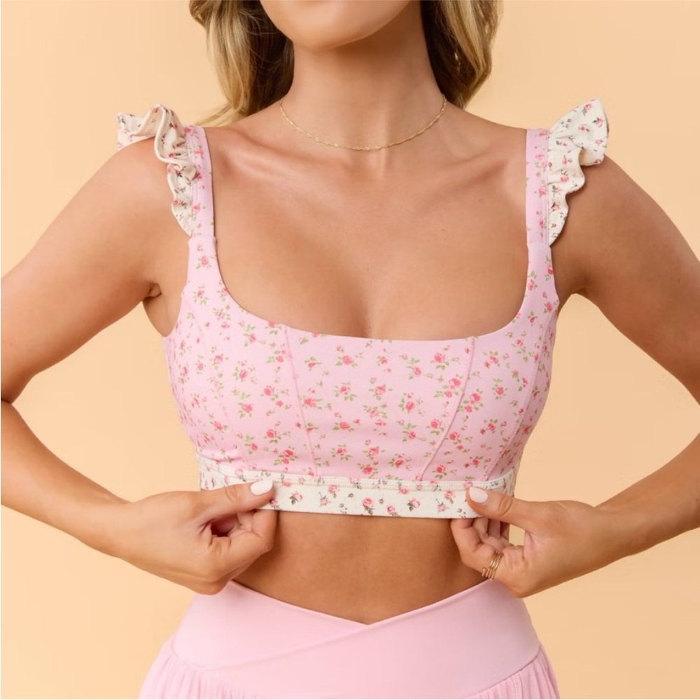 Blogilates Ruffle Corset Sports Bra - Pink Floral- L